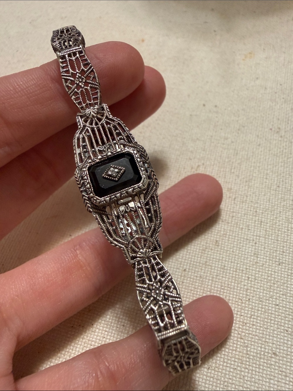 Vintage Antique Sterling Silver Filigree Bracelet W/Diamond & Black Dial 7.5’ - Picture 4 of 11